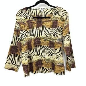 Flair Scoop Neck Crinkled Textured Blouse Womens Size XL Stretch Animal Print